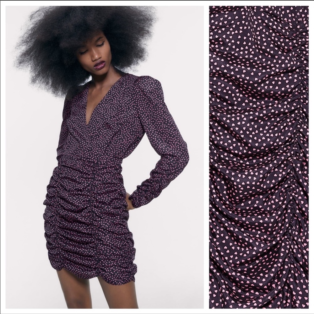 ZARA Heart Print Black Draped Mini Dress